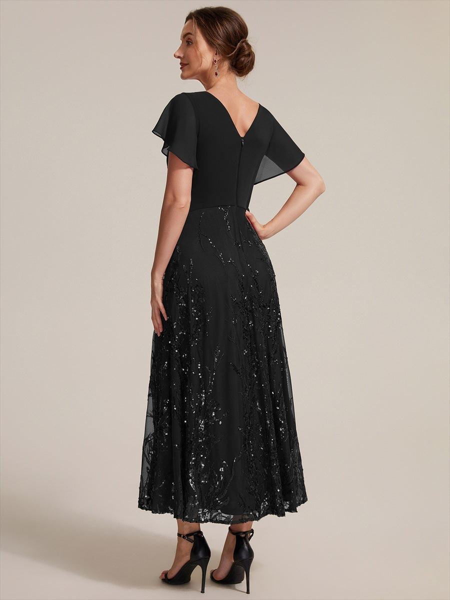 Sequin Chiffon A-Line Evening Dress #color_Black