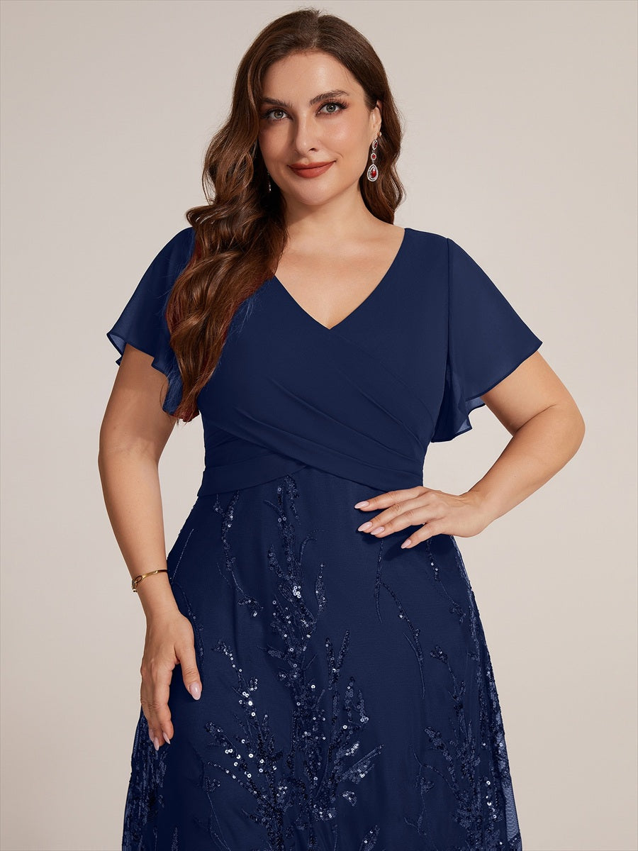 Sequin Chiffon A-Line Evening Dress #color_Navy Blue