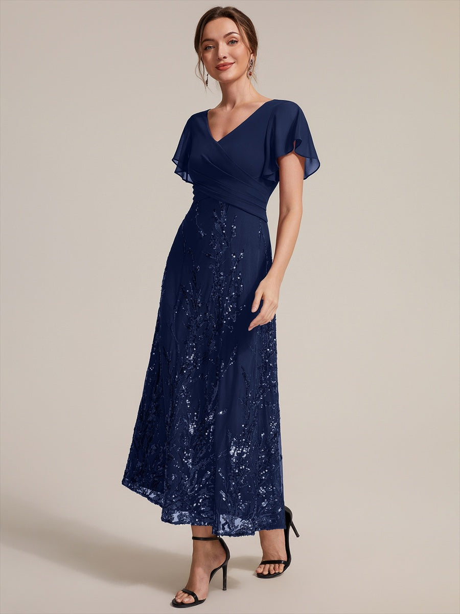 Sequin Chiffon A-Line Evening Dress #color_Navy Blue