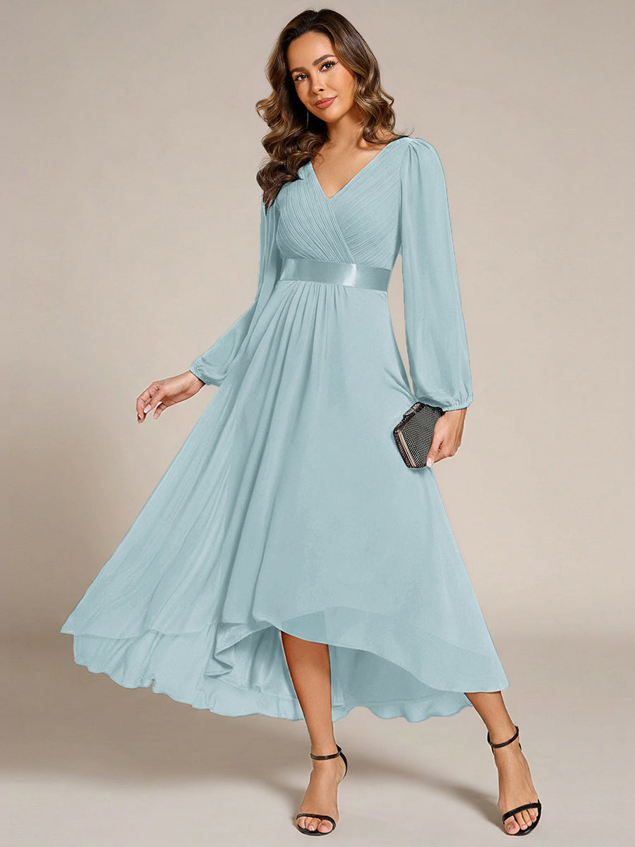 Pleated Chiffon Lantern Sleeve Evening Dress #color_Sky Blue