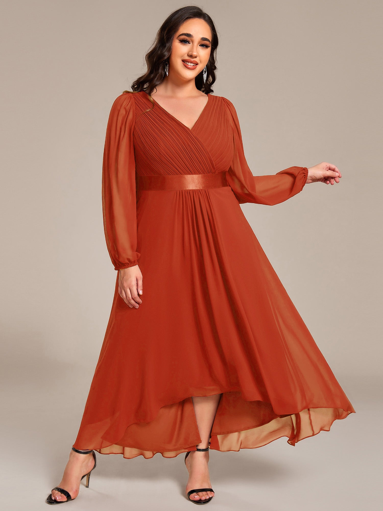 Pleated Chiffon Lantern Sleeve Evening Dress #color_Burnt Orange
