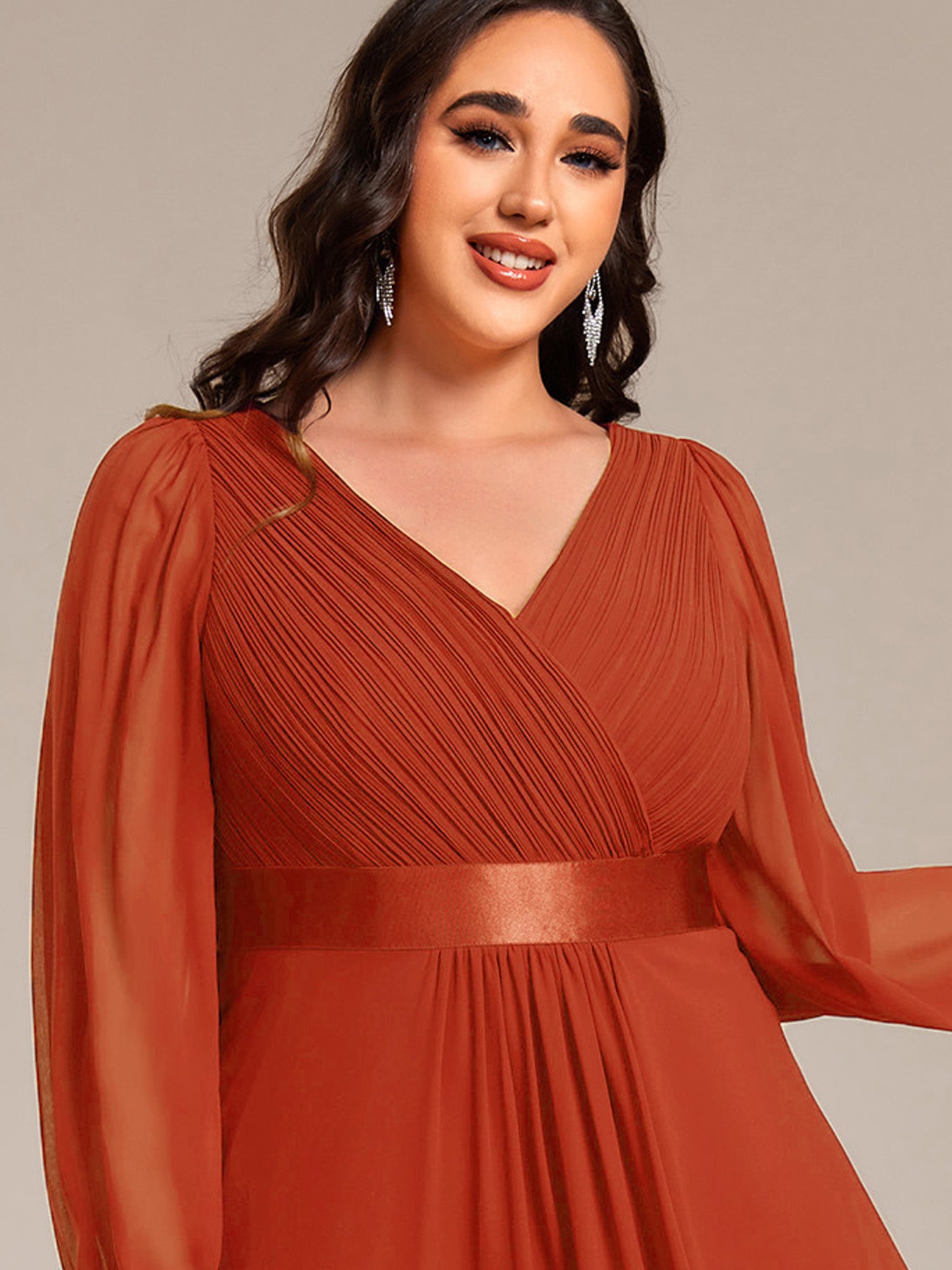 Pleated Chiffon Lantern Sleeve Evening Dress #color_Burnt Orange