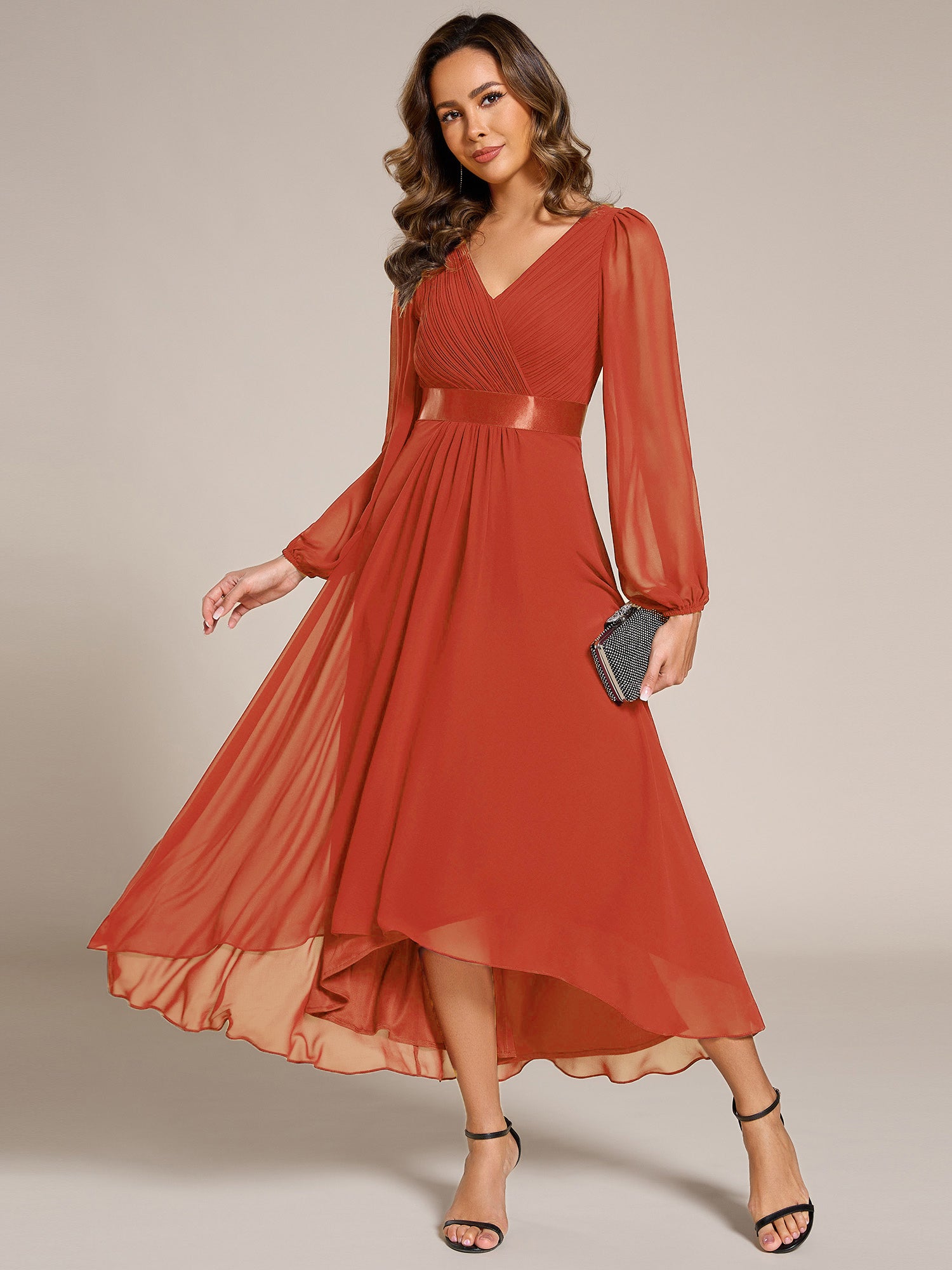 Pleated Chiffon Lantern Sleeve Evening Dress #color_Burnt Orange