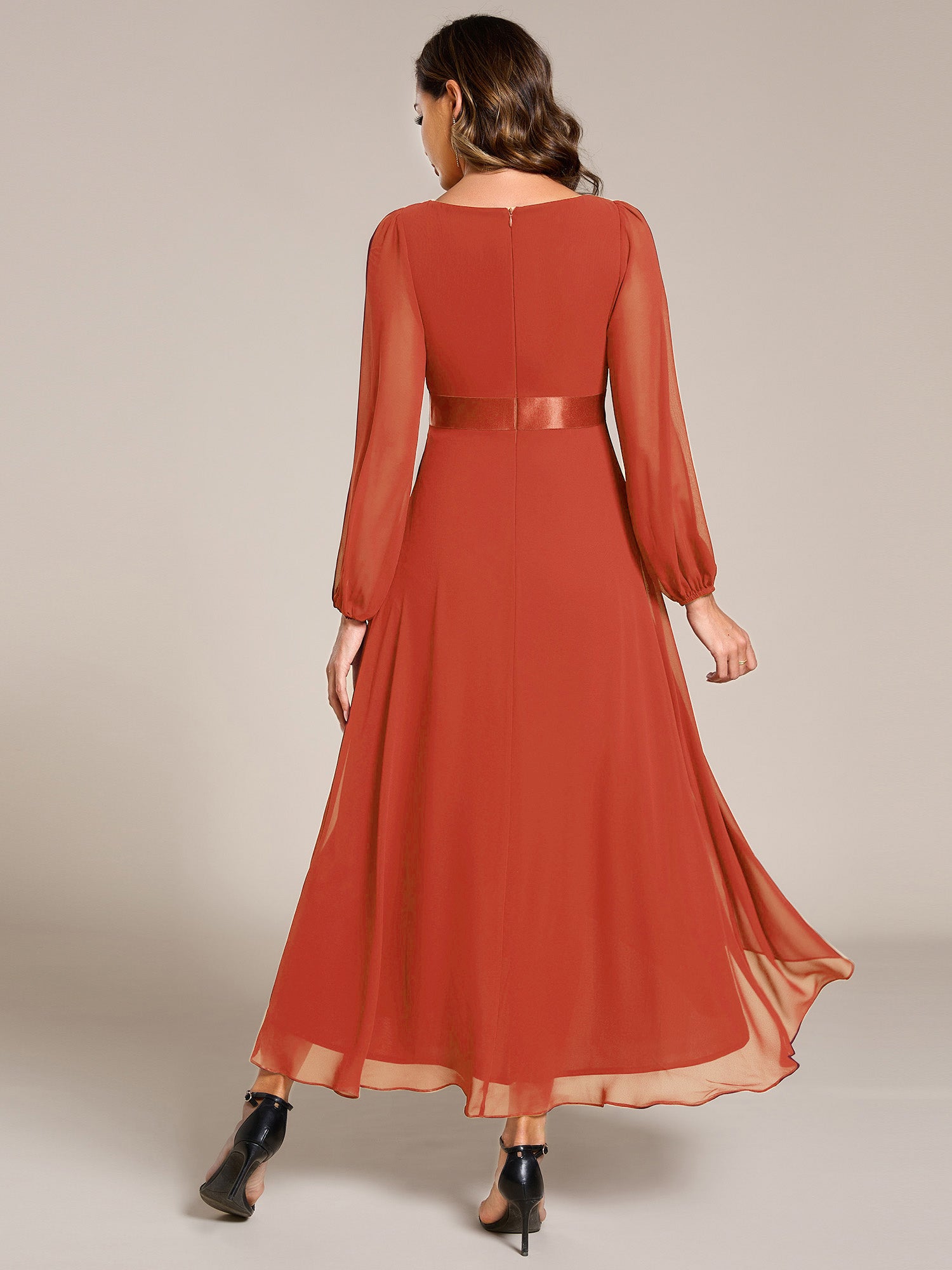 Pleated Chiffon Lantern Sleeve Evening Dress #color_Burnt Orange