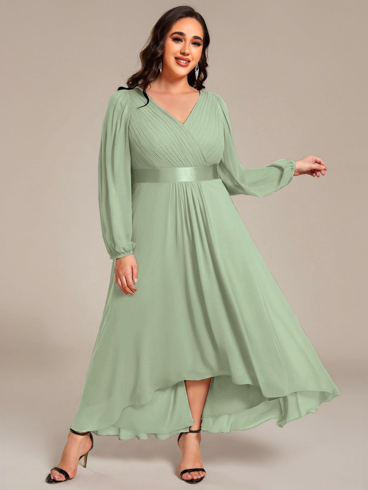 Pleated Chiffon Lantern Sleeve Evening Dress #color_Mint Green