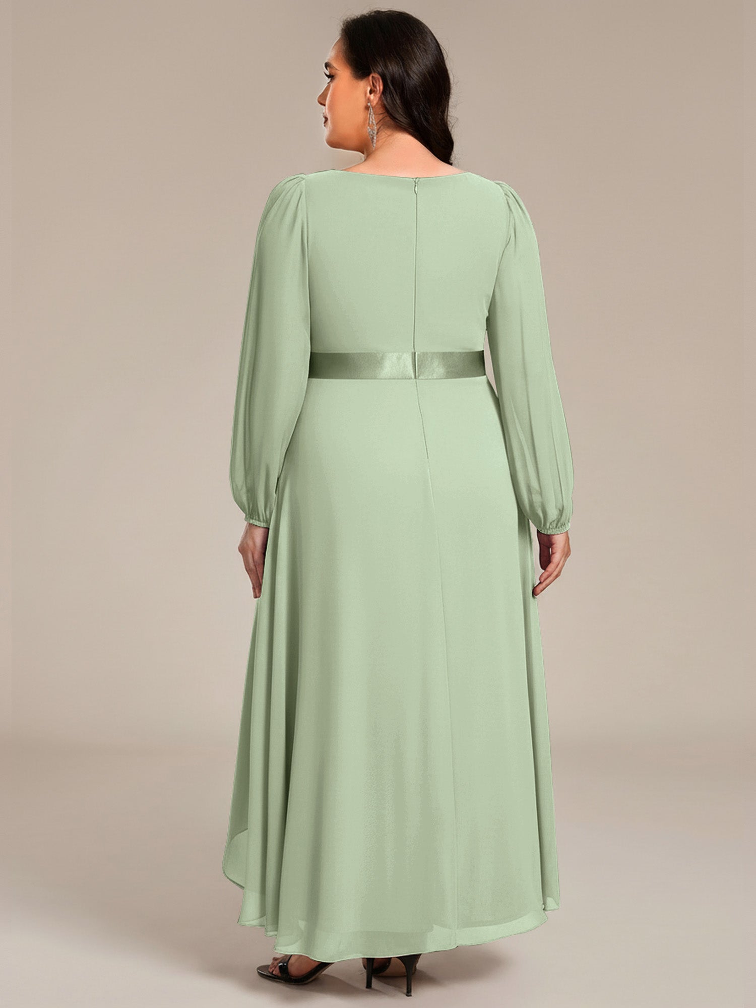 Pleated Chiffon Lantern Sleeve Evening Dress #color_Mint Green