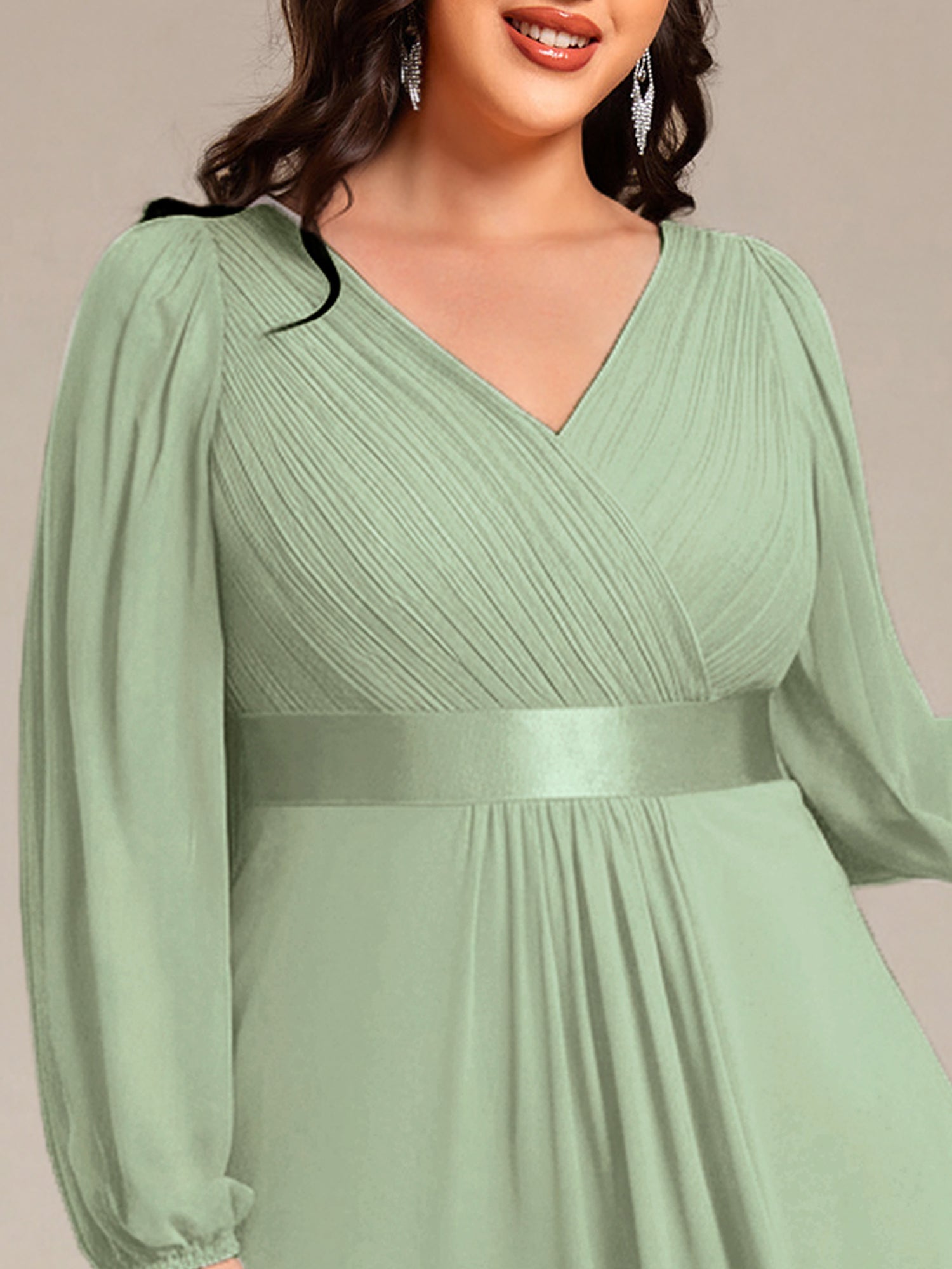 Pleated Chiffon Lantern Sleeve Evening Dress #color_Mint Green