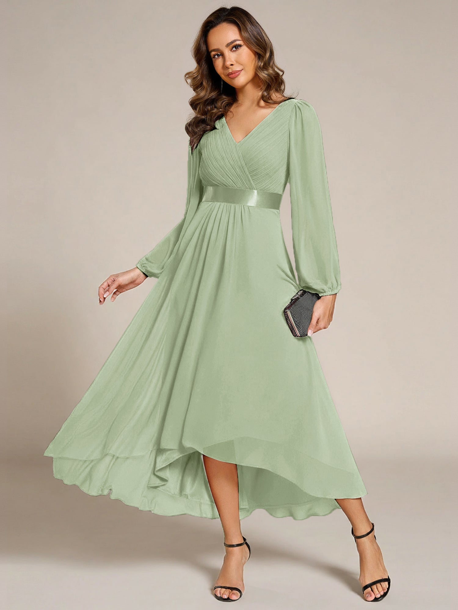 Pleated Chiffon Lantern Sleeve Evening Dress #color_Mint Green