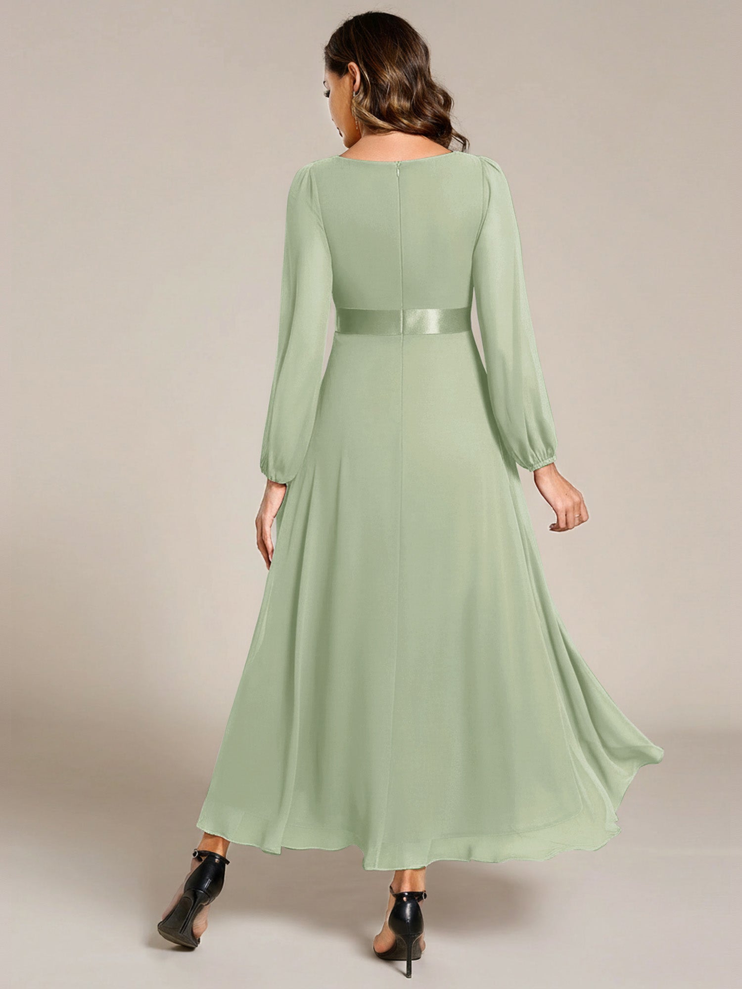 Pleated Chiffon Lantern Sleeve Evening Dress #color_Mint Green