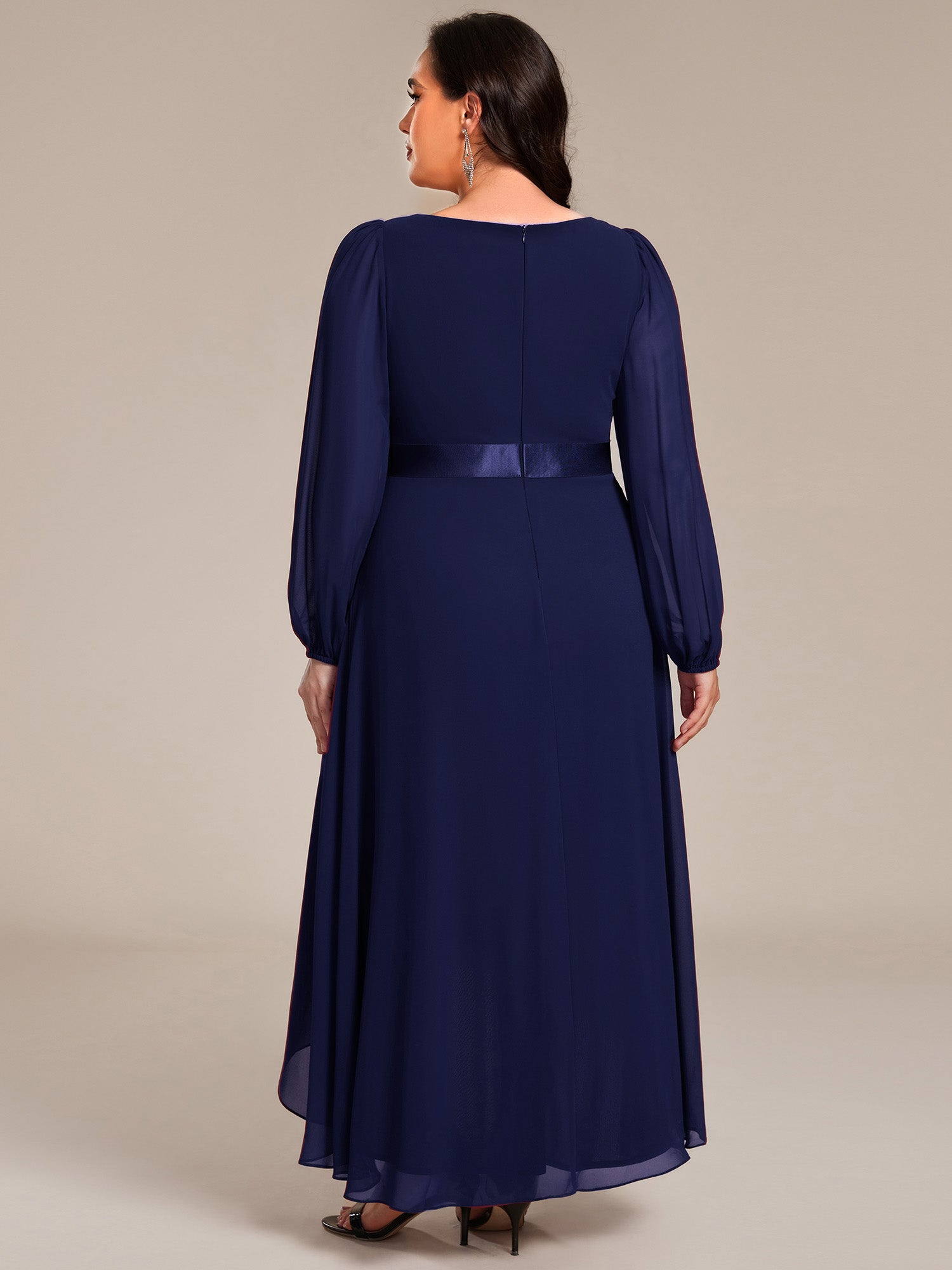 Pleated Chiffon Lantern Sleeve Evening Dress #color_Navy Blue