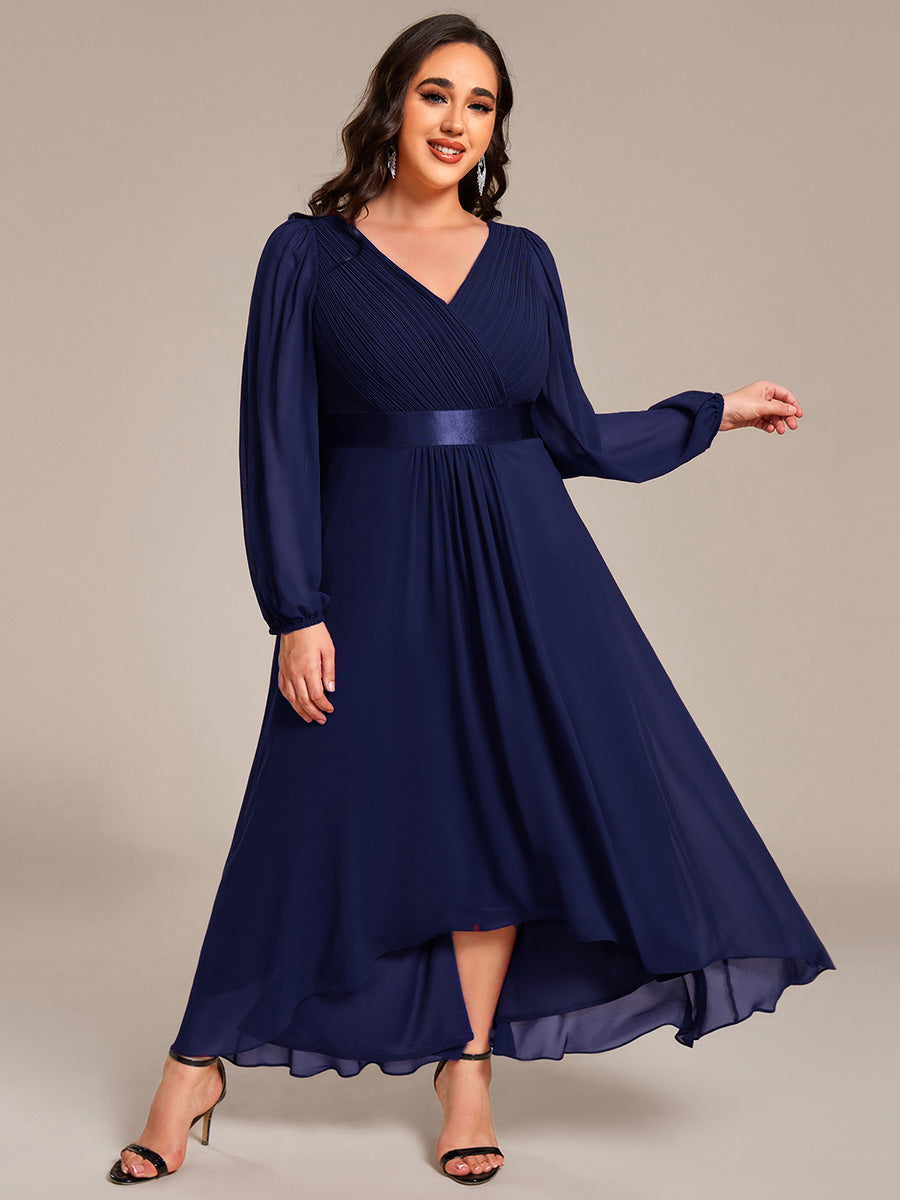 Pleated Chiffon Lantern Sleeve Evening Dress #color_Navy Blue