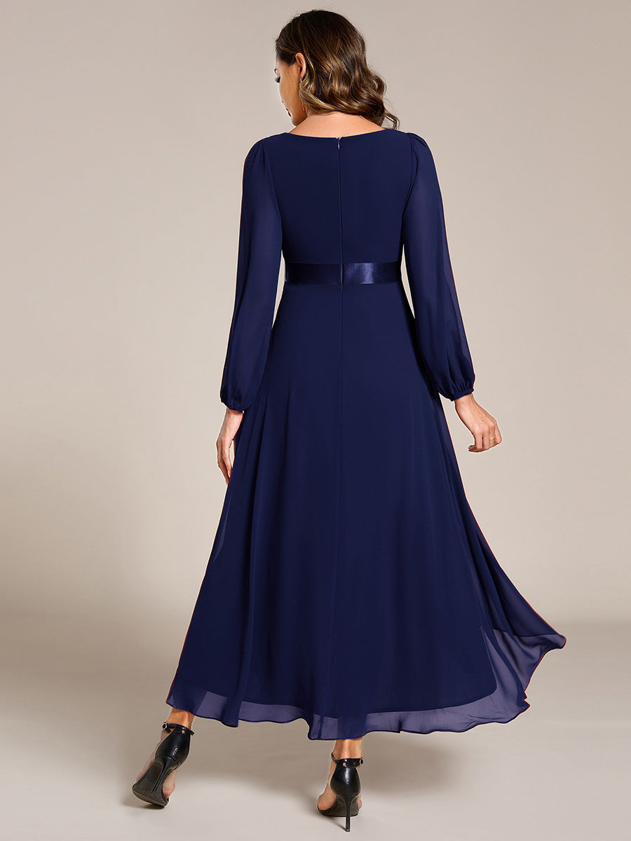 Pleated Chiffon Lantern Sleeve Evening Dress #color_Navy Blue