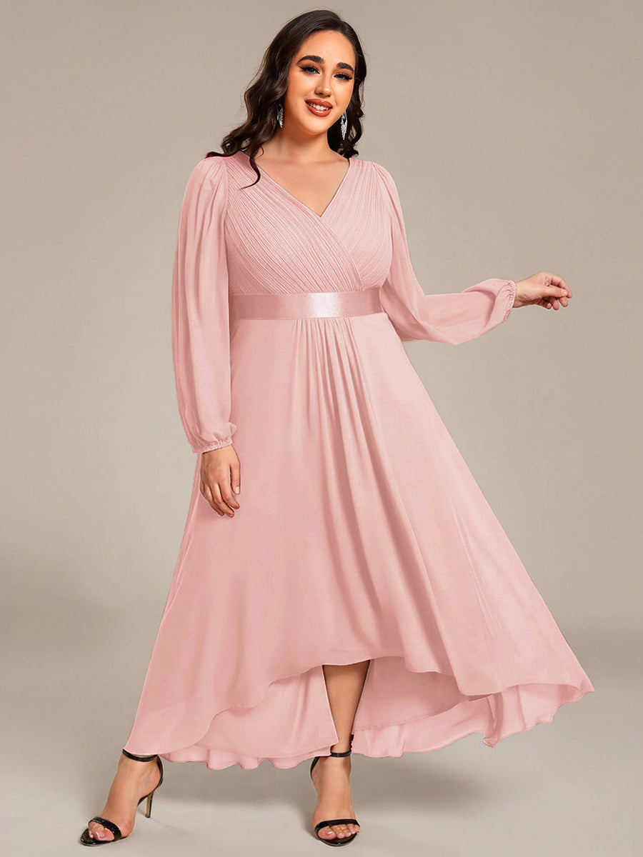 Pleated Chiffon Lantern Sleeve Evening Dress #color_Pink