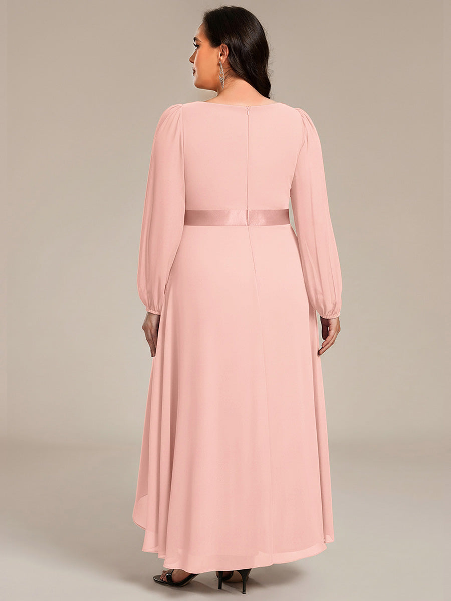 Pleated Chiffon Lantern Sleeve Evening Dress #color_Pink