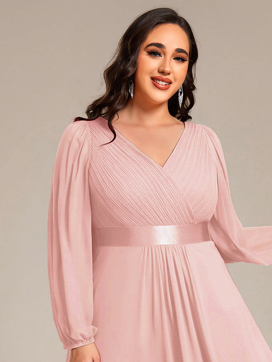 Pleated Chiffon Lantern Sleeve Evening Dress #color_Pink