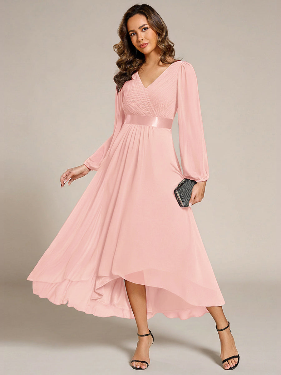 Pleated Chiffon Lantern Sleeve Evening Dress #color_Pink