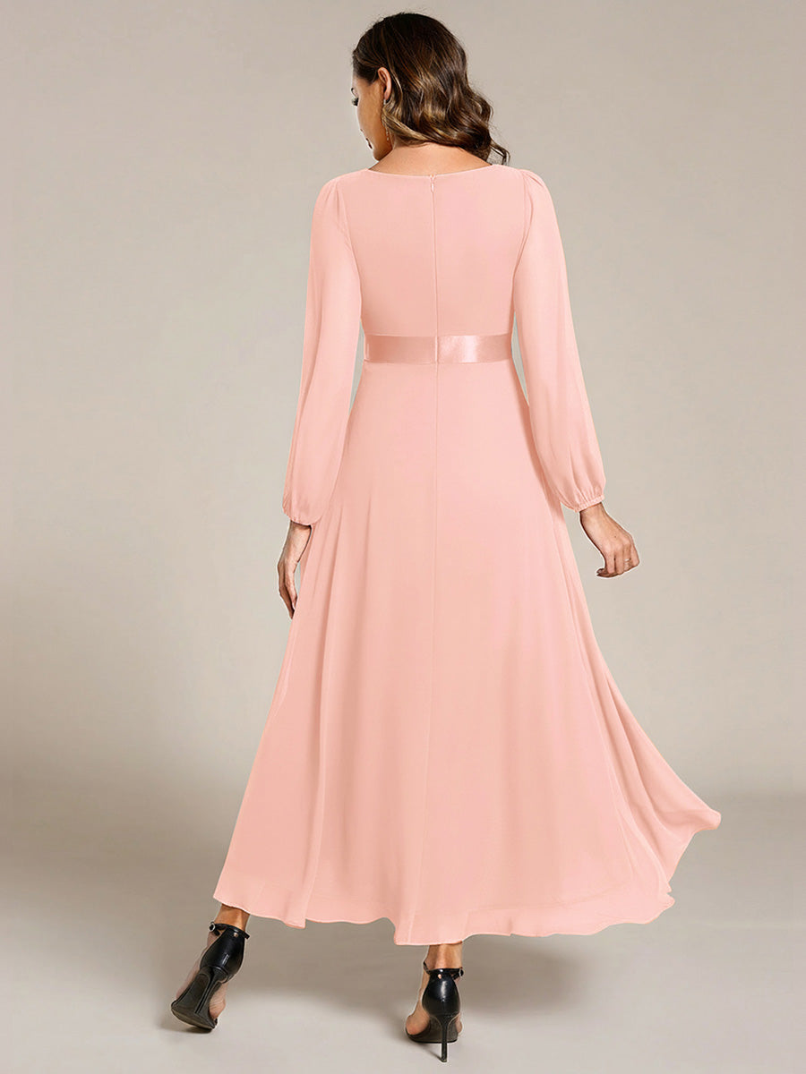 Pleated Chiffon Lantern Sleeve Evening Dress #color_Pink