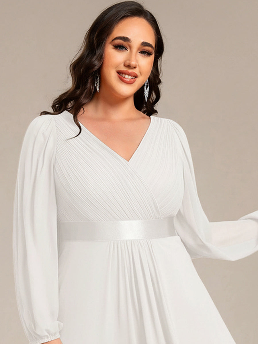 Pleated Chiffon Lantern Sleeve Evening Dress #color_White