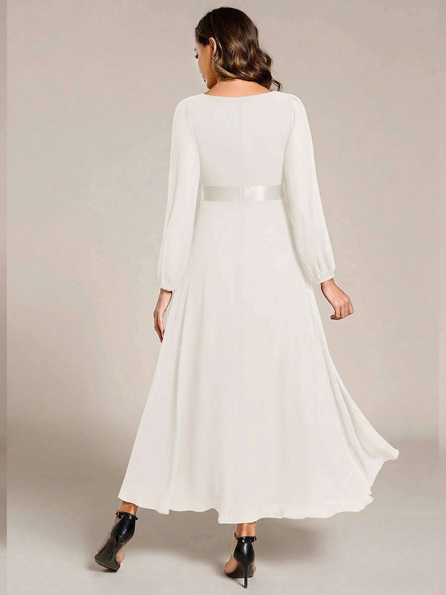 Pleated Chiffon Lantern Sleeve Evening Dress #color_White