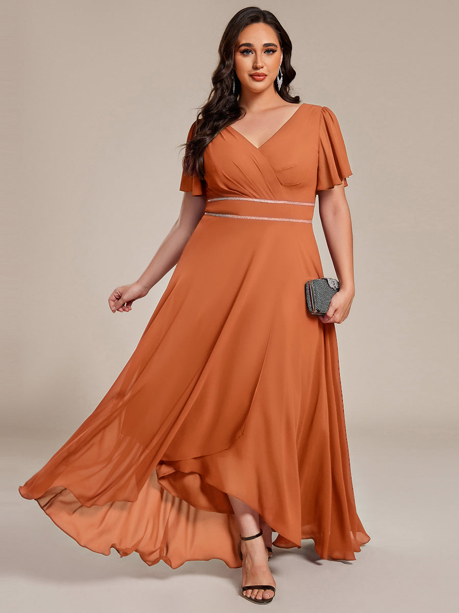 Double V-Neck Waist Trimmed Chiffon Formal Evening Dress #color_Brandied Melon
