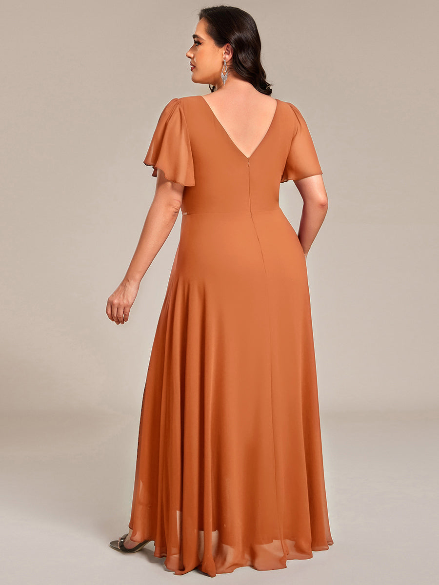 Double V-Neck Waist Trimmed Chiffon Formal Evening Dress #color_Brandied Melon