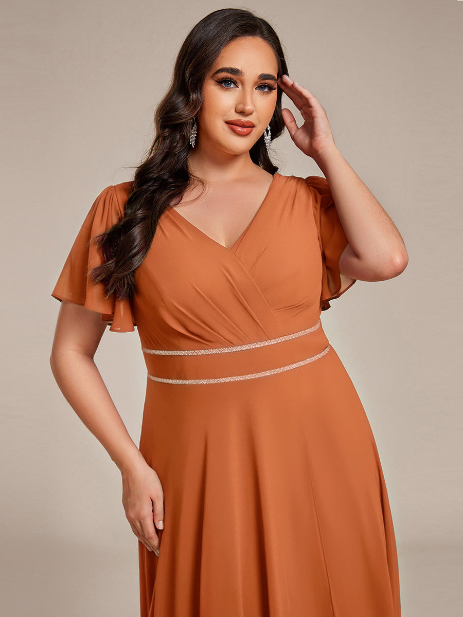 Double V-Neck Waist Trimmed Chiffon Formal Evening Dress #color_Brandied Melon