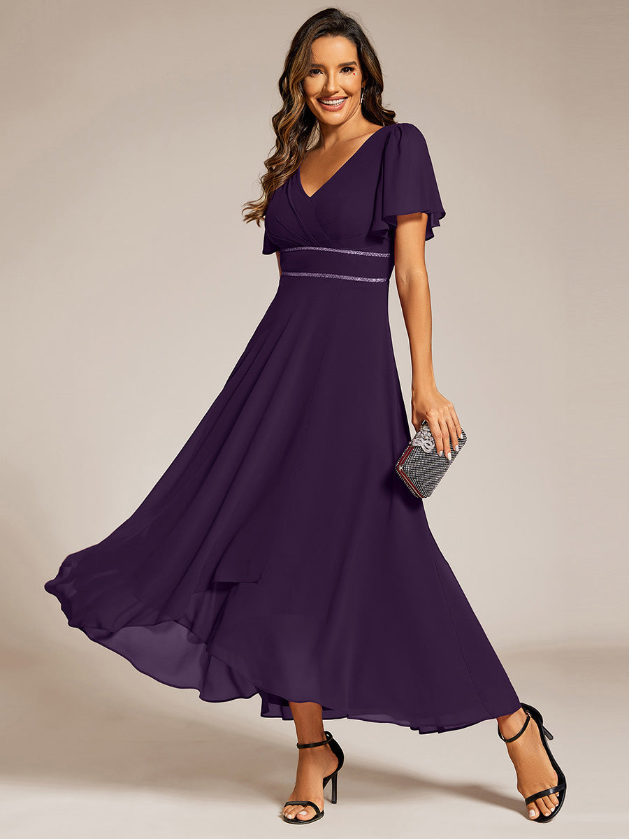 Double V-Neck Waist Trimmed Chiffon Formal Evening Dress #color_Dark Purple