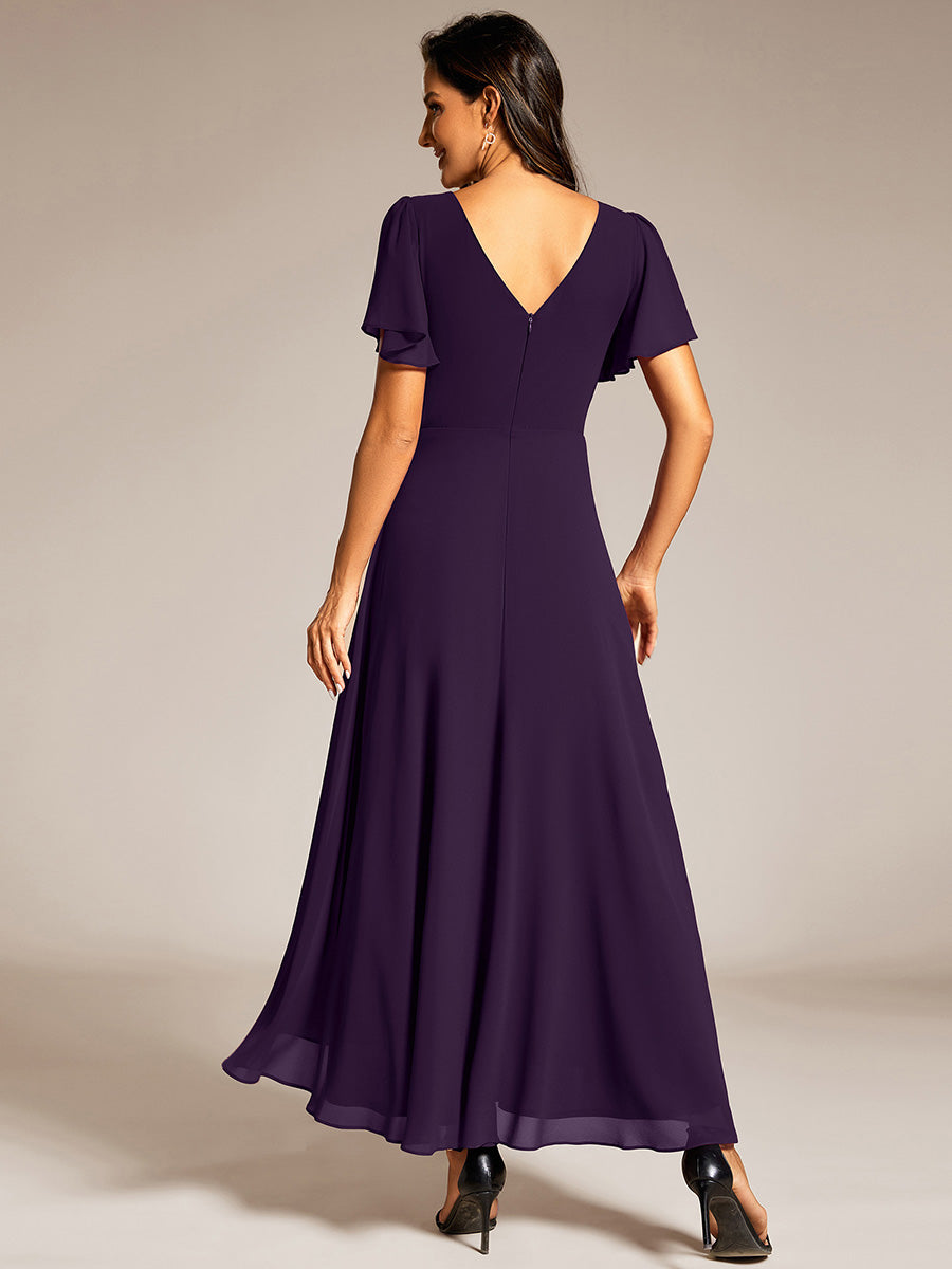 Double V-Neck Waist Trimmed Chiffon Formal Evening Dress #color_Dark Purple