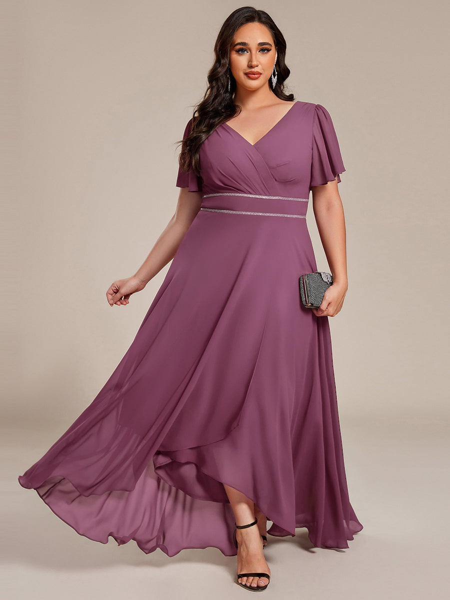 Double V-Neck Waist Trimmed Chiffon Formal Evening Dress #color_Damson
