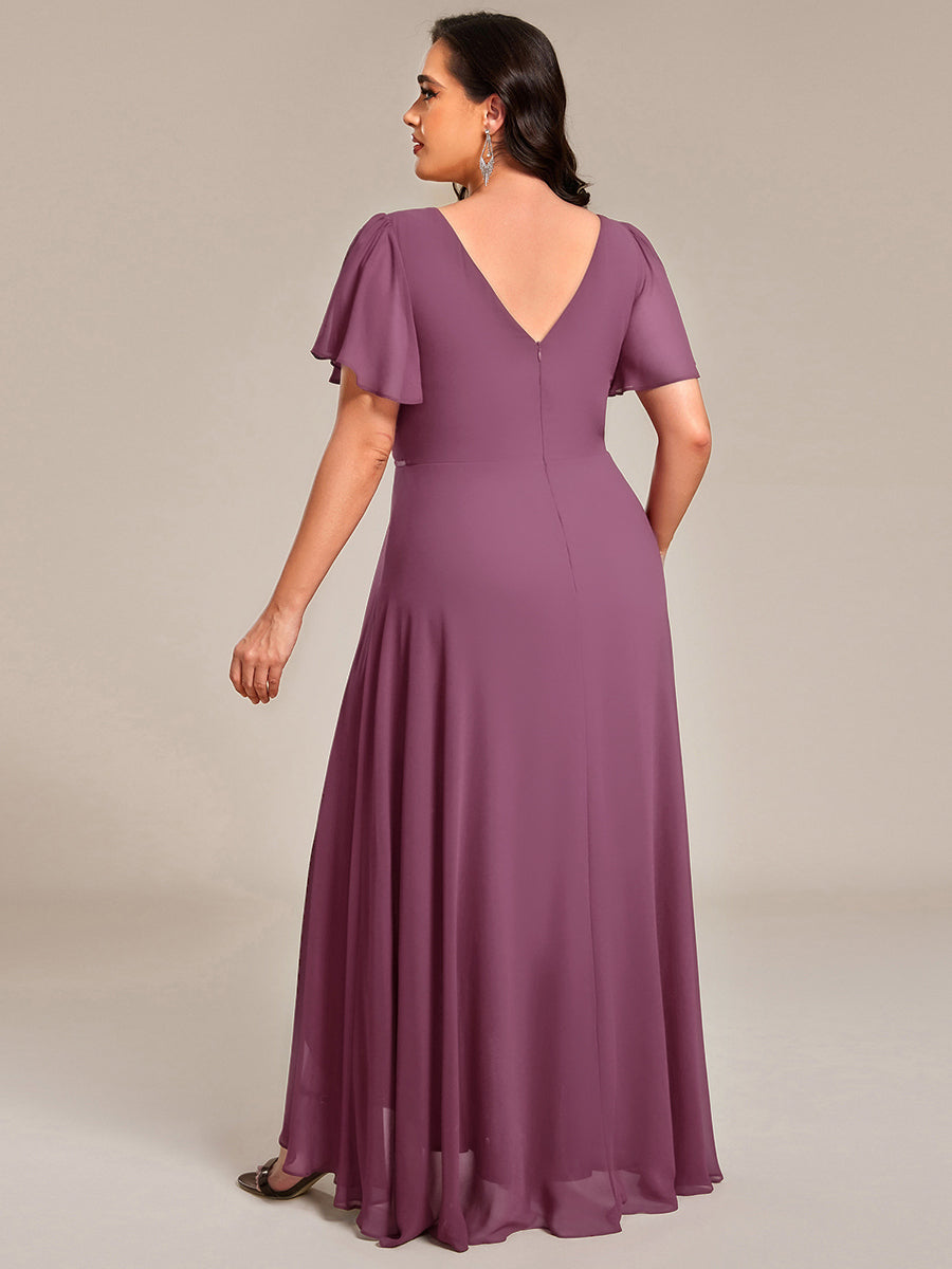 Double V-Neck Waist Trimmed Chiffon Formal Evening Dress #color_Damson
