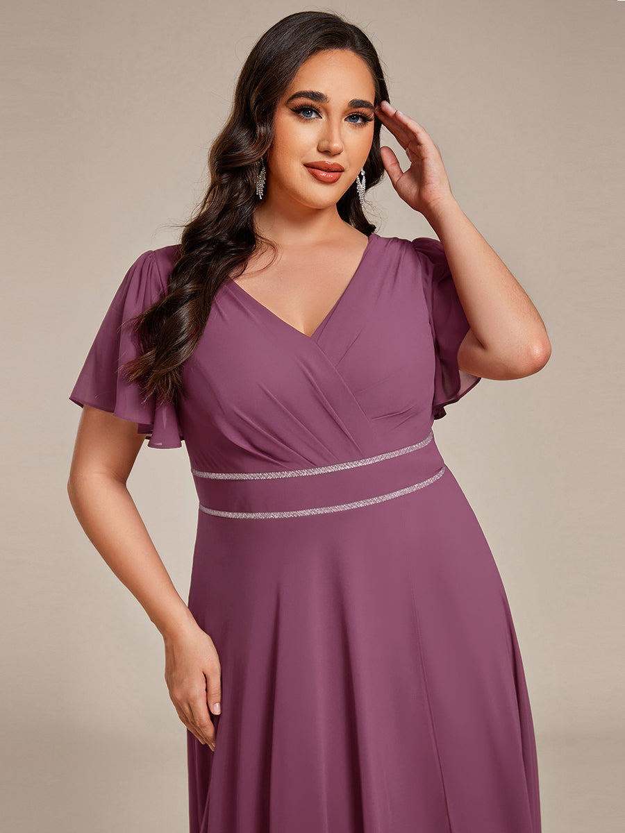 Double V-Neck Waist Trimmed Chiffon Formal Evening Dress #color_Damson
