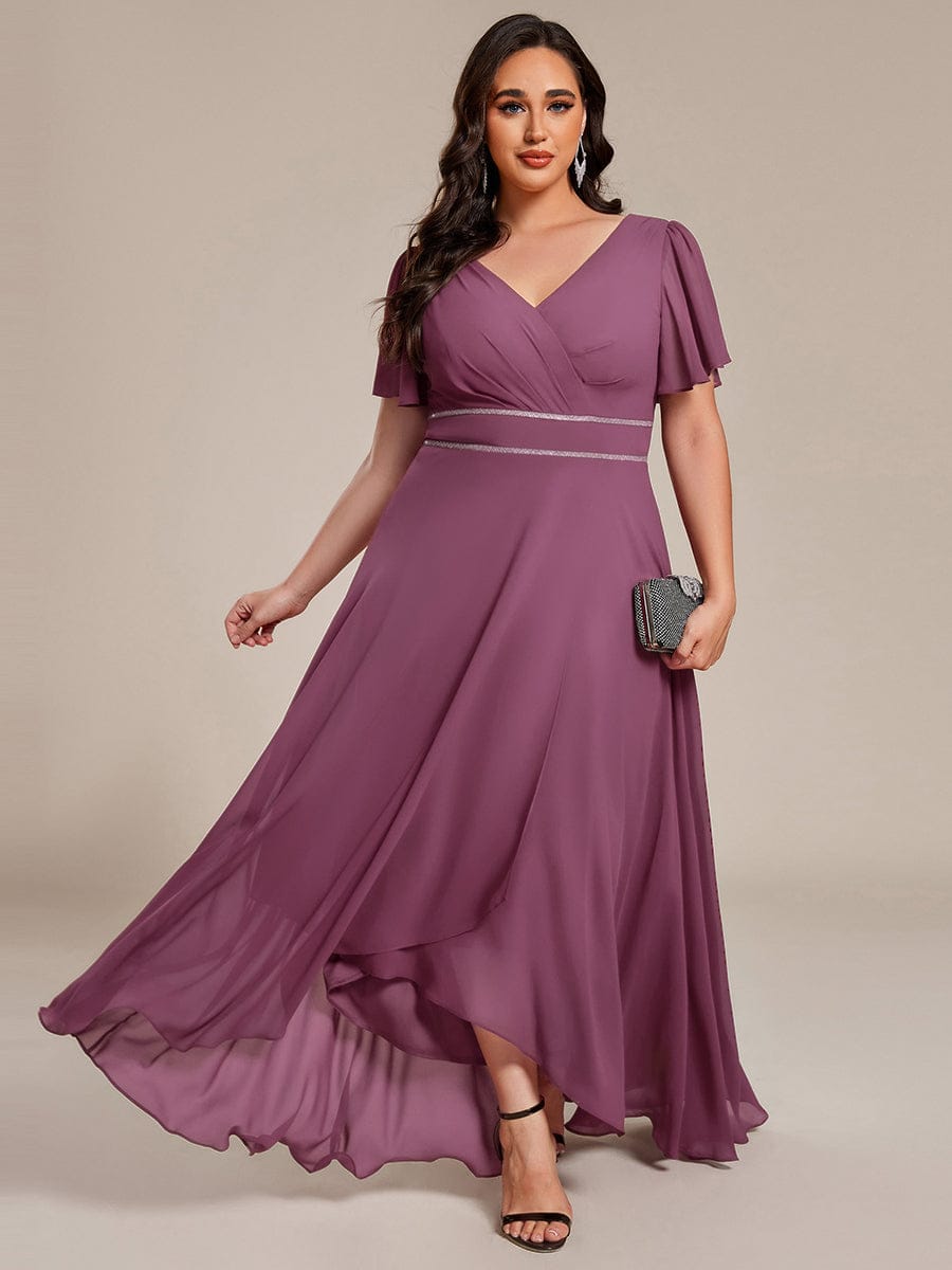 Double V-Neck Waist Trimmed Chiffon Mother of the Bride Dress #color_Damson