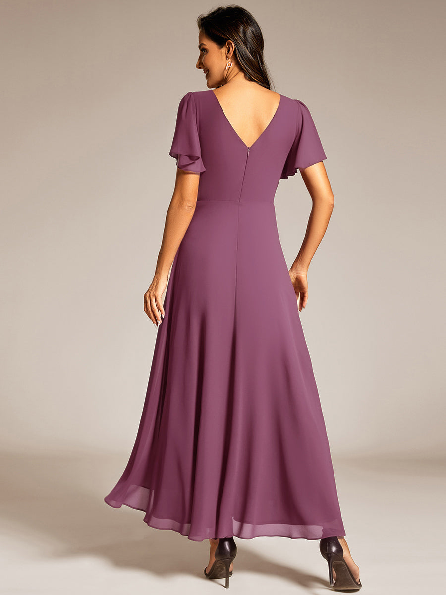 Double V-Neck Waist Trimmed Chiffon Formal Evening Dress #color_Damson