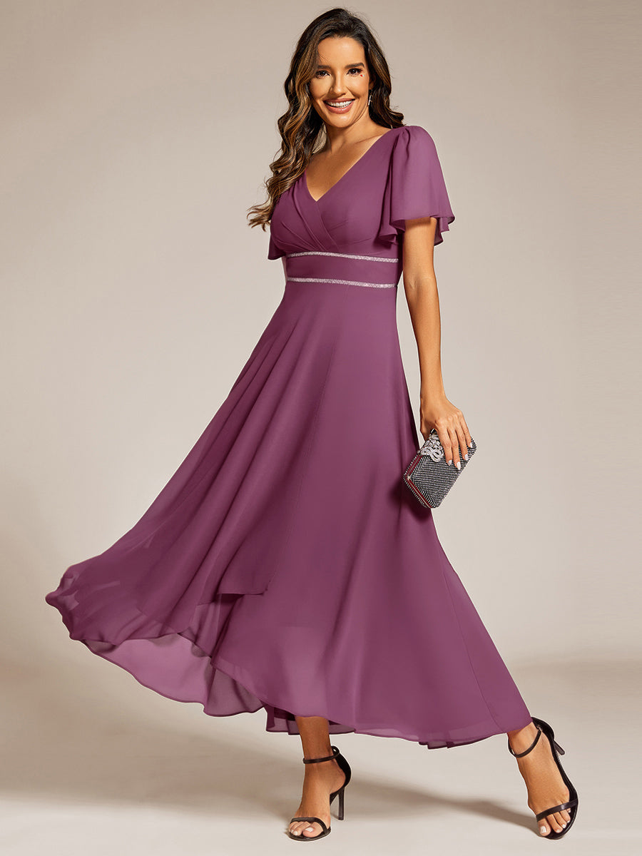 Double V-Neck Waist Trimmed Chiffon Formal Evening Dress #color_Damson