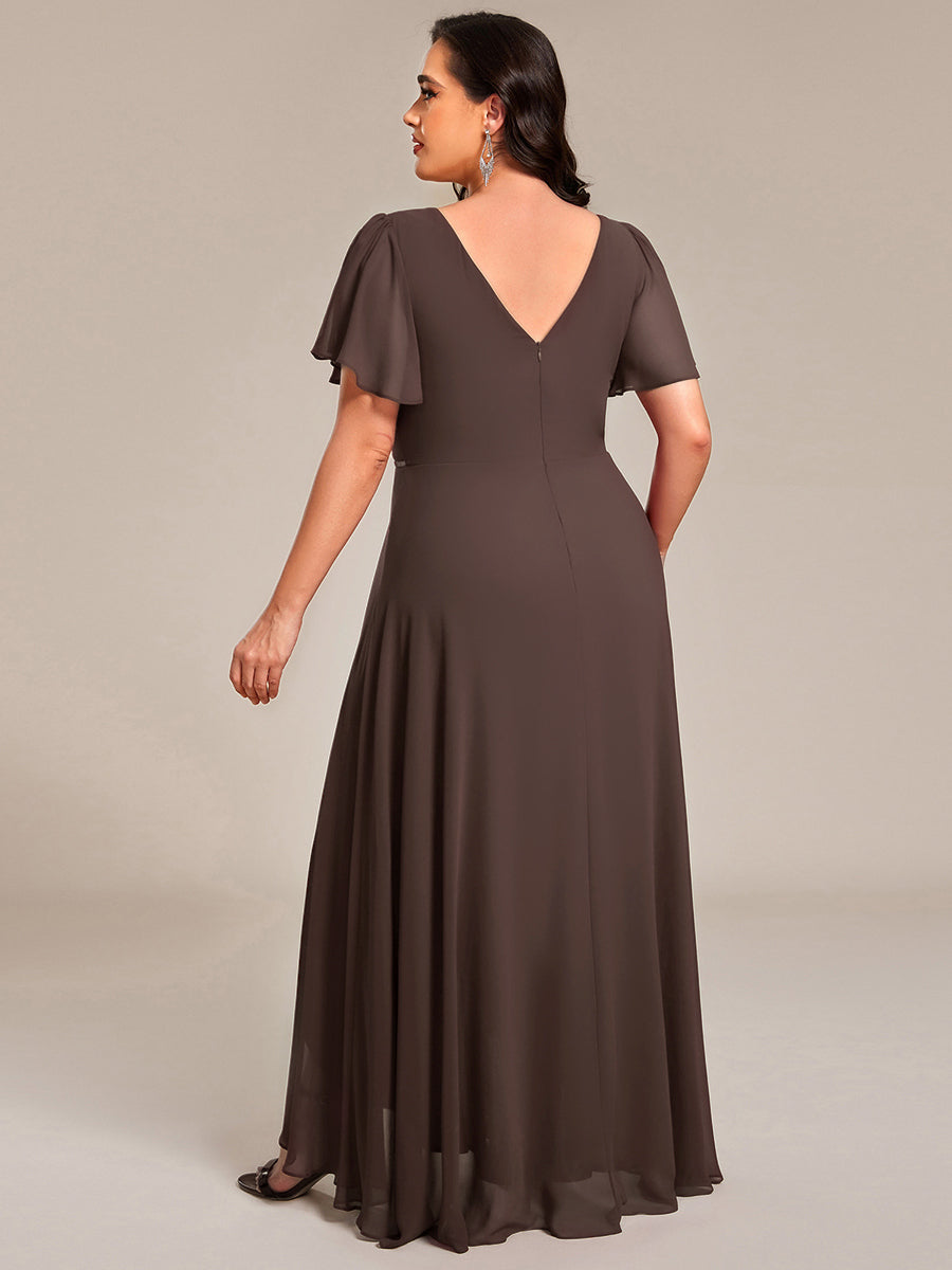 Double V-Neck Waist Trimmed Chiffon Formal Evening Dress #color_Espresso