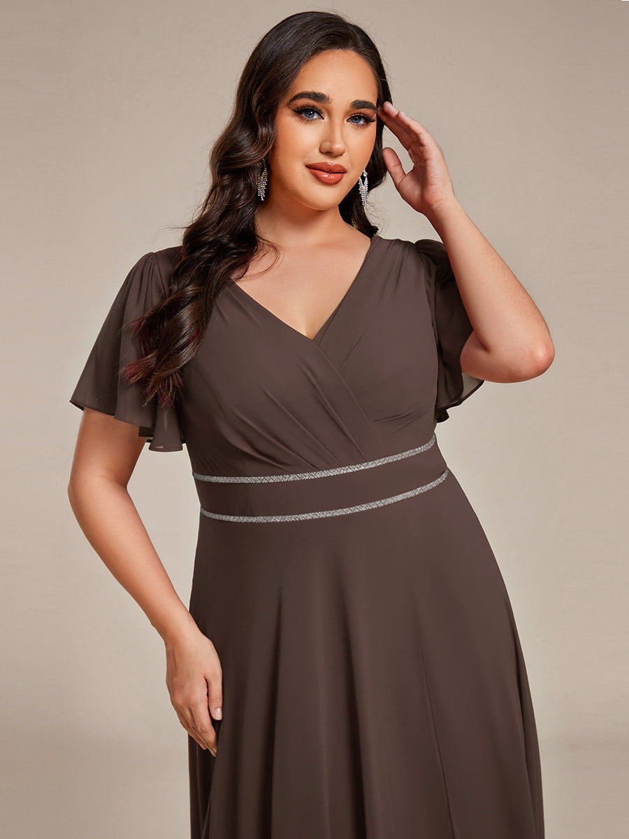Double V-Neck Waist Trimmed Chiffon Formal Evening Dress #color_Espresso