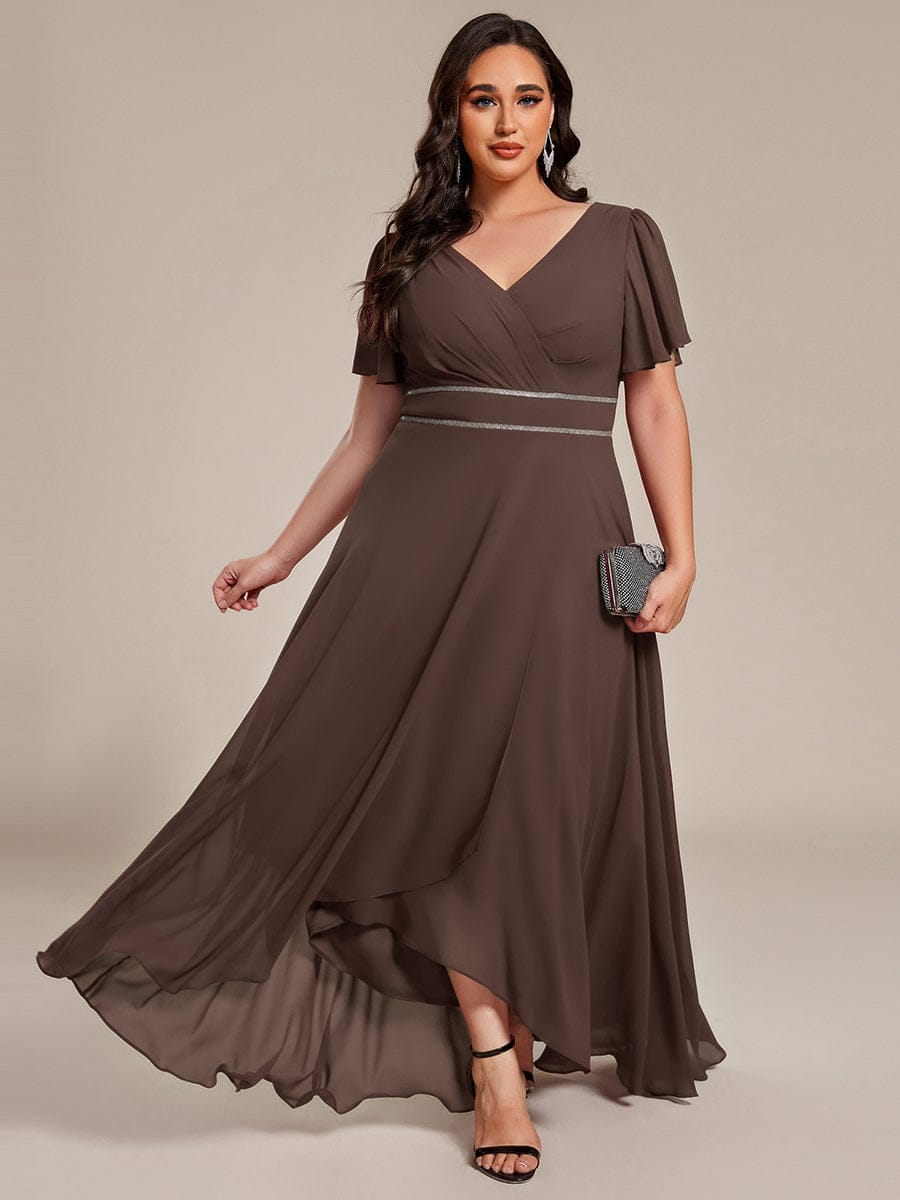 Double V-Neck Waist Trimmed Chiffon Mother of the Bride Dress #color_Espresso