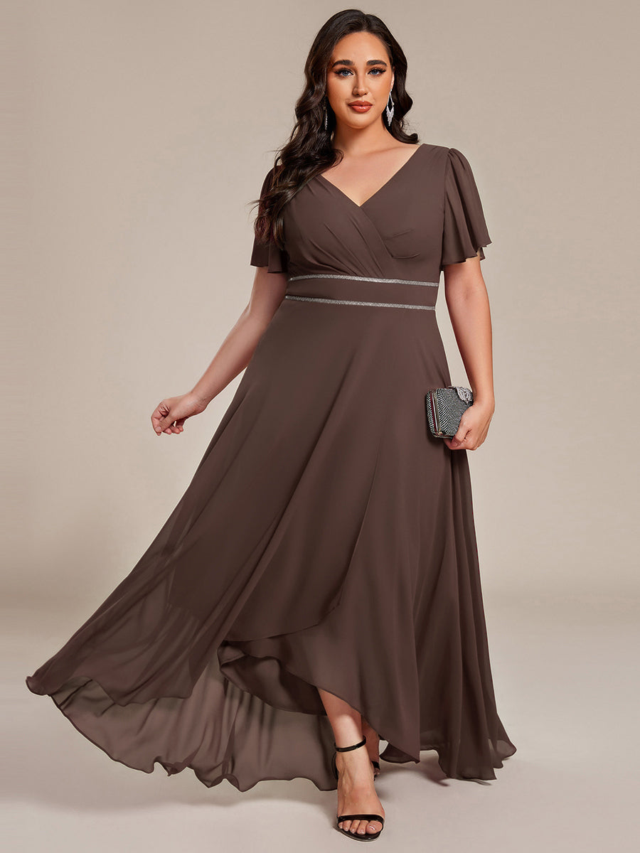Double V-Neck Waist Trimmed Chiffon Formal Evening Dress #color_Espresso