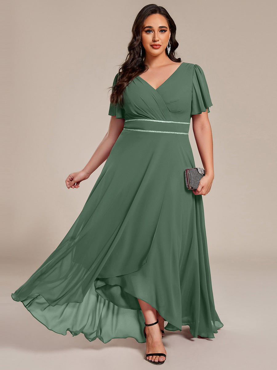 Double V-Neck Waist Trimmed Chiffon Formal Evening Dress #color_Eucalyptus