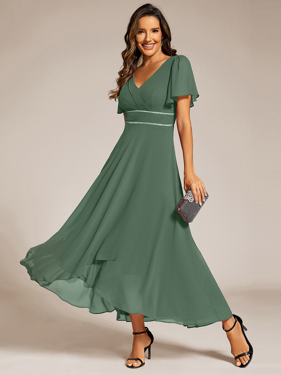 Double V-Neck Waist Trimmed Chiffon Formal Evening Dress #color_Eucalyptus