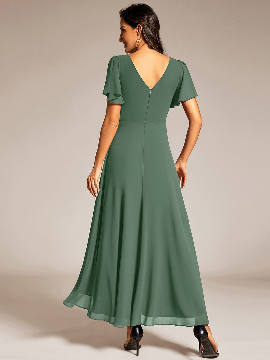 Double V-Neck Waist Trimmed Chiffon Formal Evening Dress #color_Eucalyptus