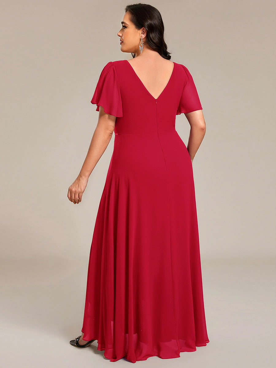 Plus Size V-Neck Rhinestone Waist Chiffon Maxi Formal Evening Dress #color_Red