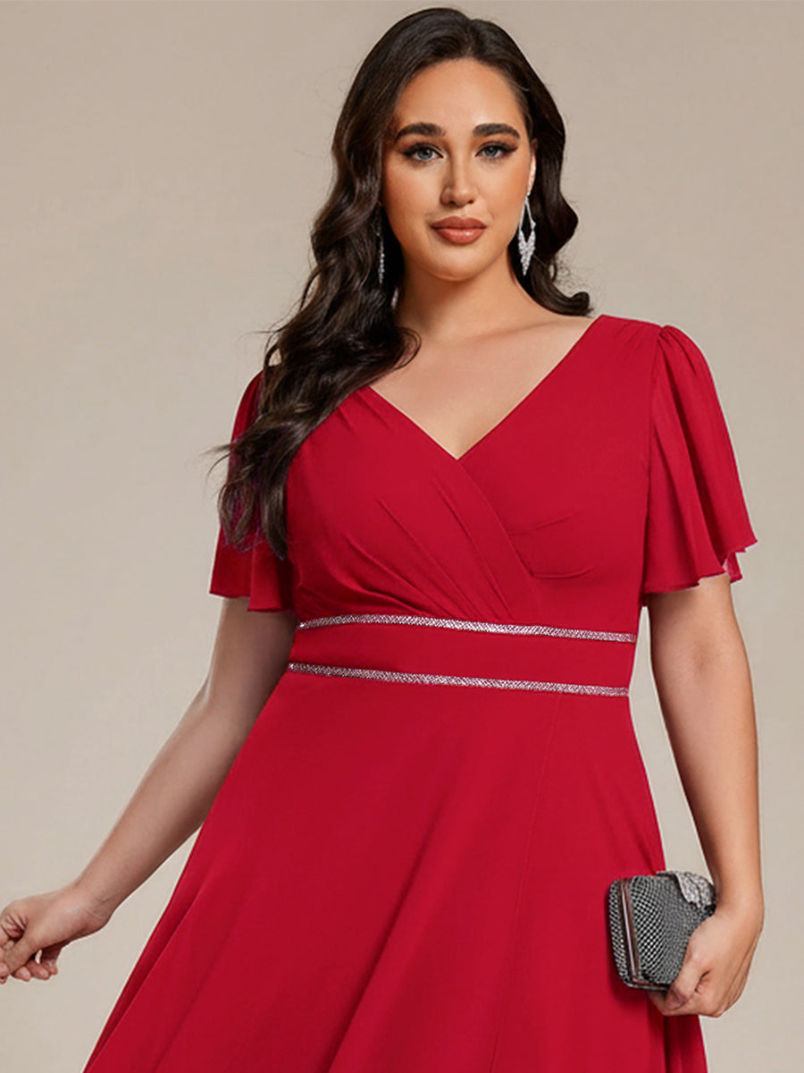 Plus Size V-Neck Rhinestone Waist Chiffon Maxi Formal Evening Dress #color_Red