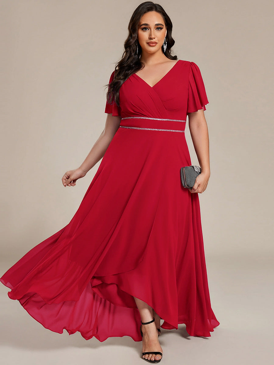 Double V-Neck Waist Trimmed Chiffon Mother of the Bride Dress #color_Red