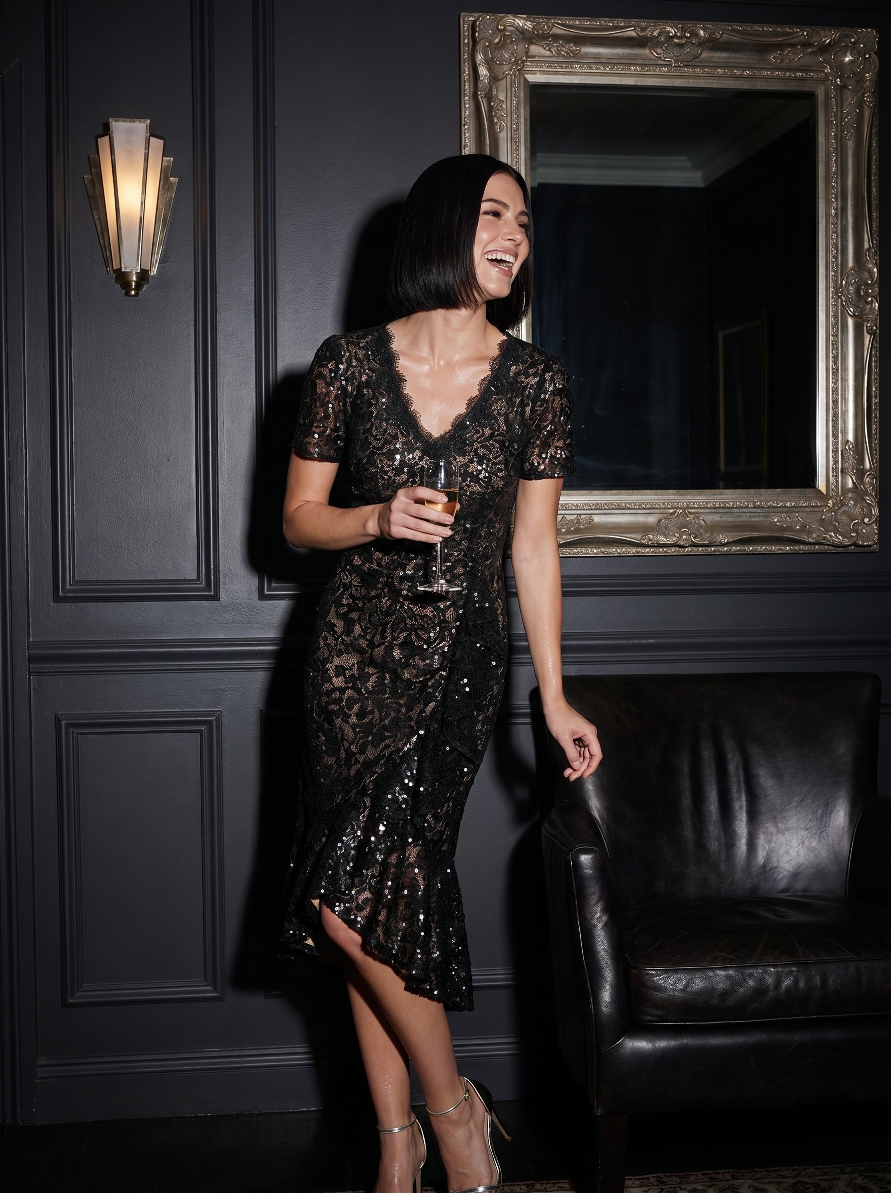 Sequin Lace Puff Sleeve Wedding Guest Dress #color_Black