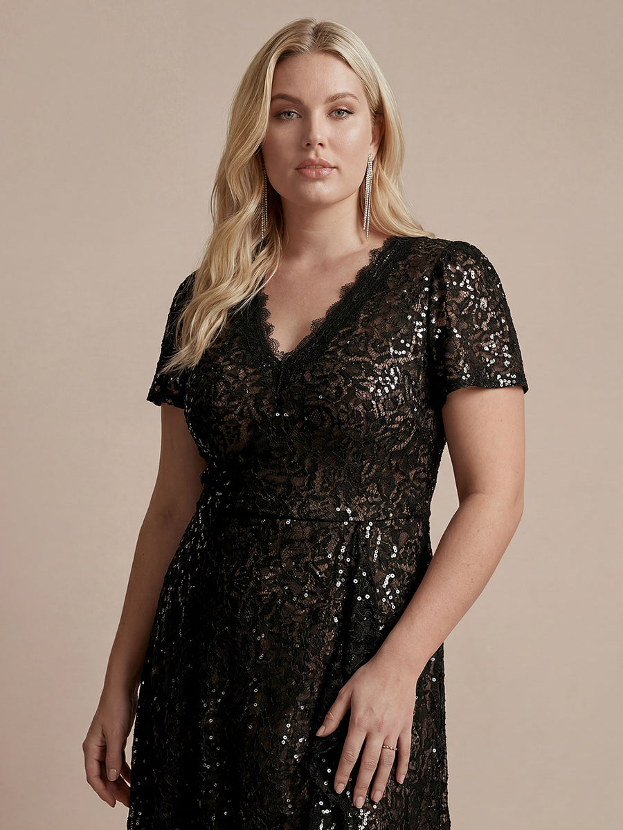 Plus Size Lace High Low Wedding Guest Dress #color_Black