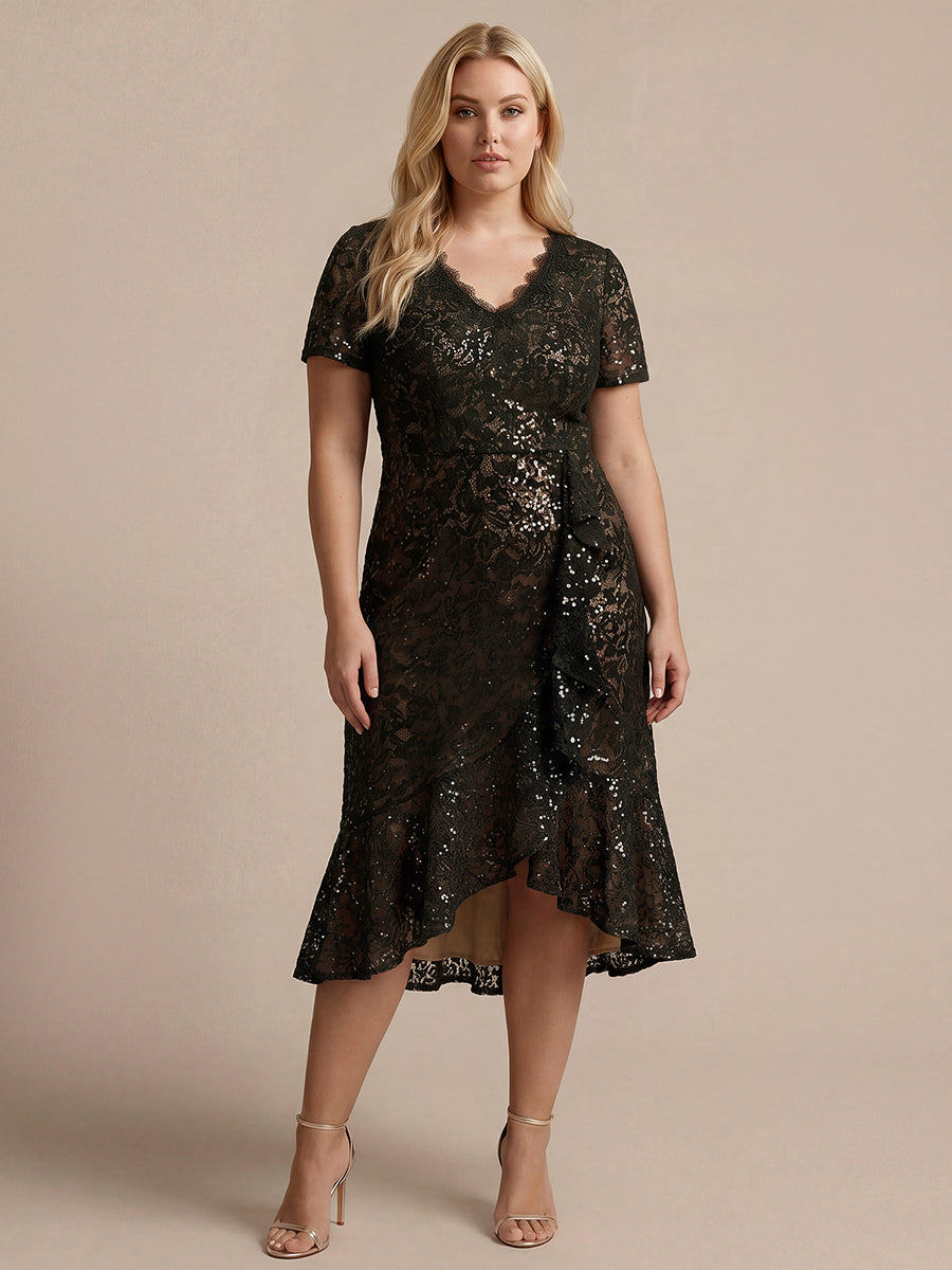 Plus Size Lace High Low Wedding Guest Dress #color_Black