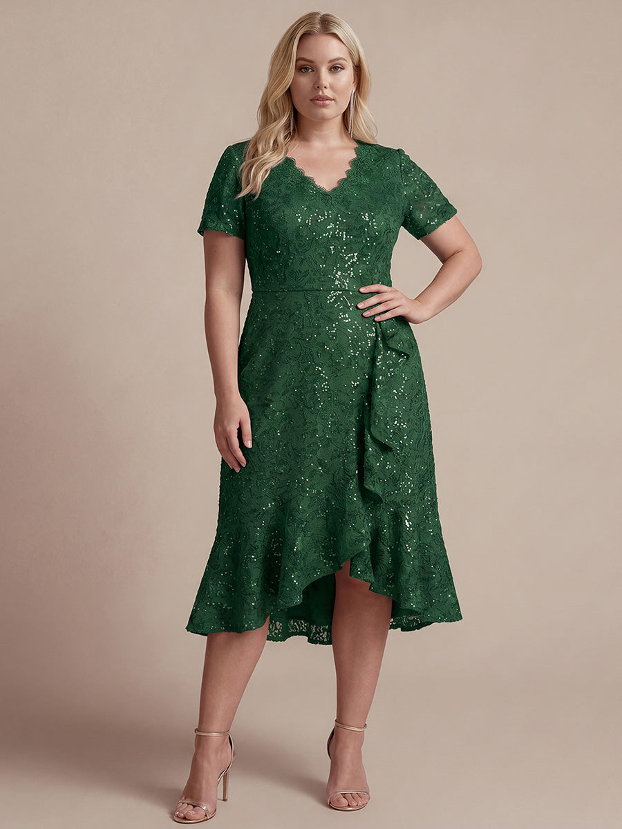 Sequin Lace Puff Sleeve Wedding Guest Dress #color_Dark Green