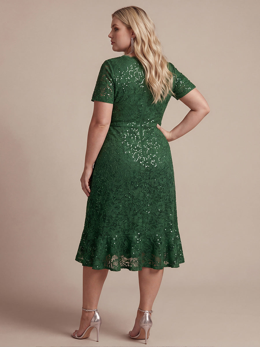 Sequin Lace Puff Sleeve Wedding Guest Dress #color_Dark Green