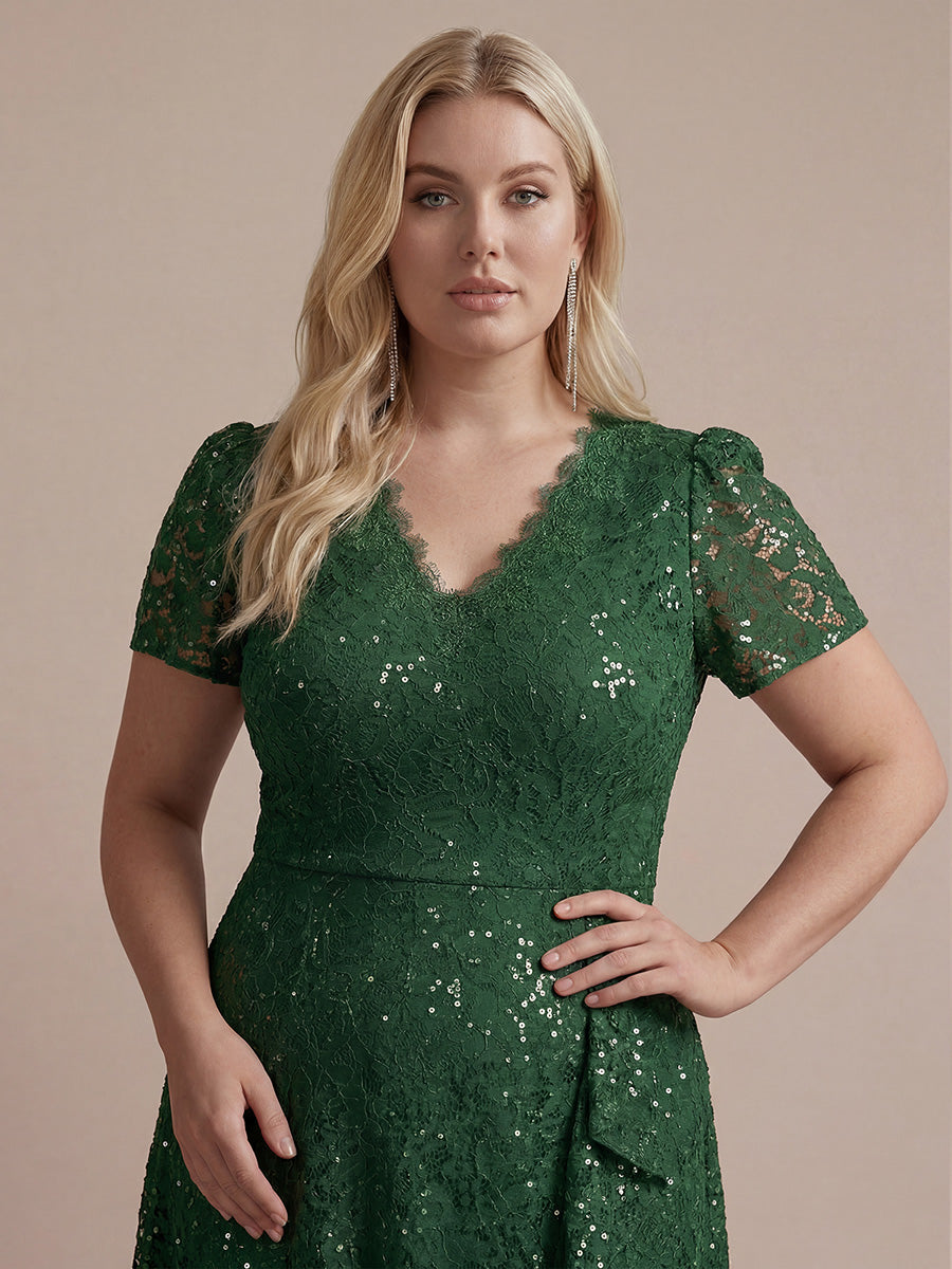 Plus Size Lace High Low Wedding Guest Dress #color_Dark Green